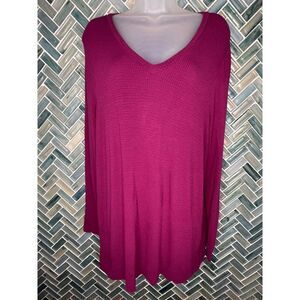 ADRIANNA PAPELL BERRY PURPLE V NECK LONG SLEEVE STRETCH WAFFLE KNIT TUNIC TOP LG